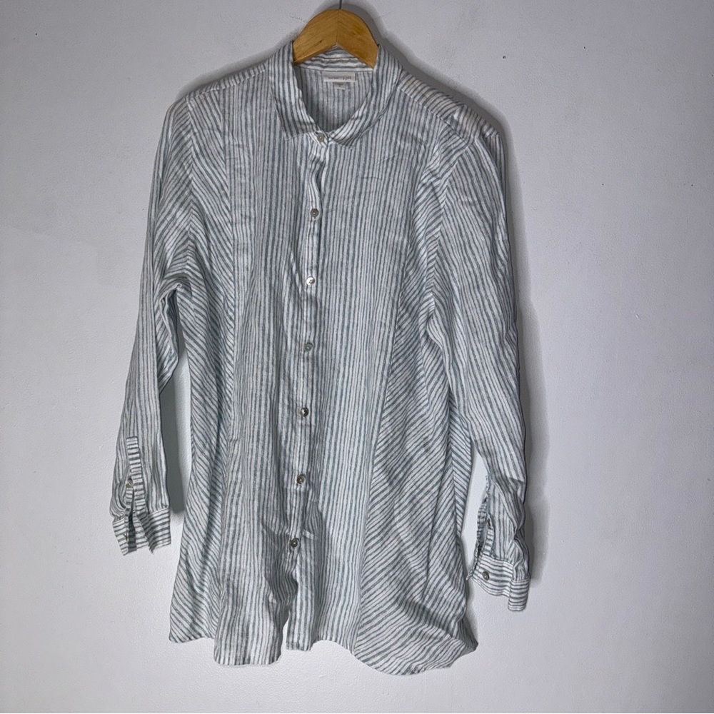 J Jill Love Linen XL Green White Stripe Collar Button Down Tunic Linen Top‎ CP